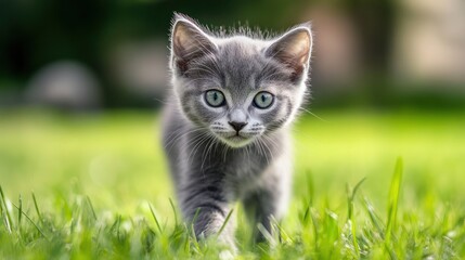 Obraz premium Gray Kitten Outdoors in Grass