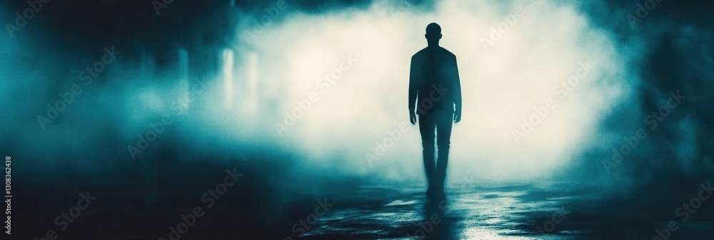 Poster mysterious silhouette walks through a dark, foggy environment evoking feelings of fear and uncertain