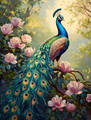 Fototapeta premium Majestic peacock perched amidst a blooming rose garden, showcasing vibrant plumage and lush surroundings.