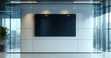 Ultra modern corporate office sleek wall mounted digital screen powered set backdrop of floor ceiling glass windows