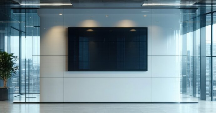Ultra modern corporate office sleek wall mounted digital screen powered set backdrop of floor ceiling glass windows