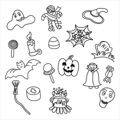 Black-and-white outline doodle-style illustration featuring a Halloween-themed set. Fun cartoon characters: a pumpkin, a vampire, a mummy, a bat, and other spooky elements