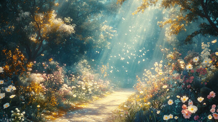 Fototapeta premium Pathway to Serenity: A captivating illustration of a sunlit forest path, inviting viewers to wander through the dappled light and vibrant blooms.