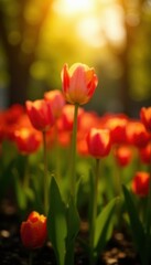 Sunlit tulip display in a lush park flowerbed, nature, light
