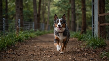 A fluffy Australian Shepherd dog with bright eyes, running through a forest trail.strong and muscular Doberman Pinscher standing in front of a steel door, its ears erect.
