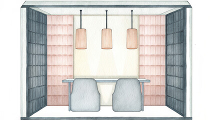 Podcast studio watercolor, Aesthetic podcast booth with soft diffused lighting and modern design