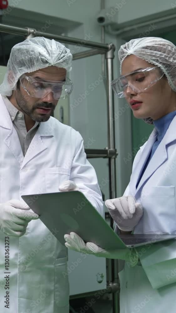 Poster two scientist in professional uniform working in curative laboratory for chemical and biomedical exp