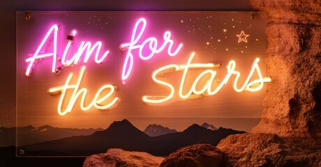 Neon sign aim for stars radiant magenta warm gold glowing mountain peak cosmic sky softly illuminating jagged rock formations