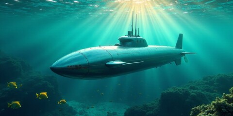 Fototapeta premium Submarine silently glides through vibrant underwater landscape, sunlight filtering through surface, illuminating aquatic life and the vessel's metallic hull.