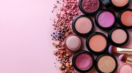 Makeup palette with crushed eyeshadow, vibrant colors, professional shot