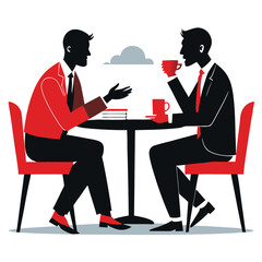 Business Discussion. Vector cartoon illustration in a flat style of a group of diverse people leading a discussion at a table near a whiteboard with charts and graphs. Isolated on background