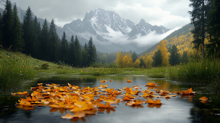 Golden Leaves on the Water: A serene mountain landscape mirrors in the still water, where a collection of vibrant golden leaves gently floats, creating a beautiful autumn scene.