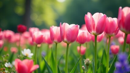 Obraz premium A field of pink tulips basking in the warm sunlight, their delicate petals gently swaying in the breeze, creating a breathtakingly beautiful spring scene.