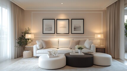 A living room with white furniture, three picture frames on the wall, a mock-up style, soft pink walls, warm lighting, a touch of luxury decor, a comfortable seating arrangement, a neutral color palet