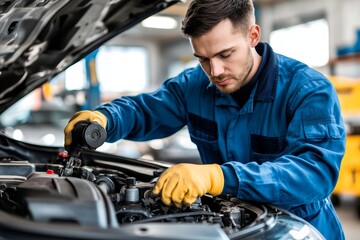 Mechanic Inspecting Car Engine Bay - A skilled mechanic meticulously examines a car engine, showcasing expertise and precision in automotive maintenance. The symbolizes reliability, precision