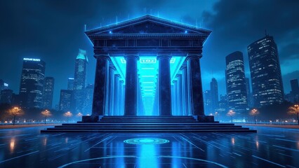 Banking technology themes, Ultramodern AI bank HQ glowing cybernetic-blue combining advanced algorithms and data security