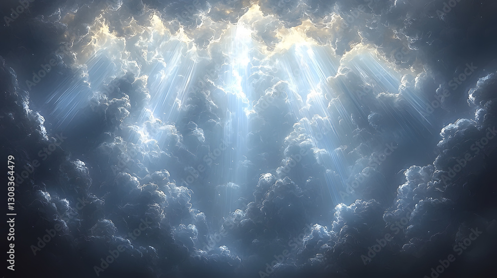 Poster sunlight breaks through voluminous clouds creating a heavenly atmosphere