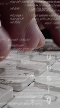 Creative visual of computer programming coding and software development shown by man working on computer keyboard with overlay of computer graphic displaying abstract program codes and computer script