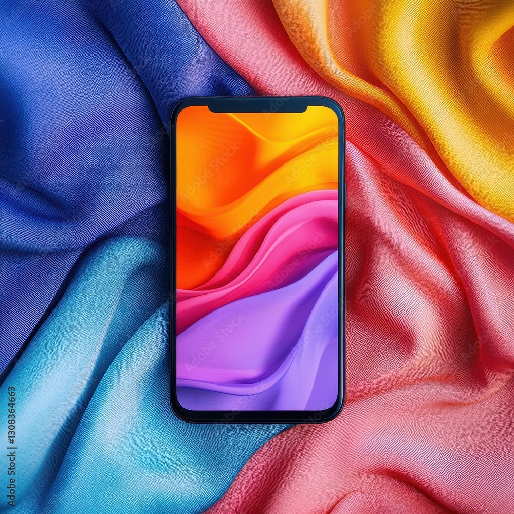 Poster a close-up view of a sleek smartphone resting on a vibrant, patterned cloth featuring an array of co