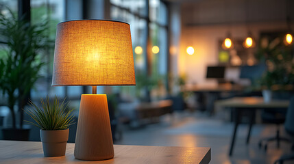 Table lamp with warm glow, cozy café interior, intimate ambiance