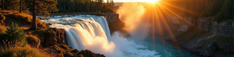 Golden sunlight illuminates a majestic waterfall plunging through a vibrant Yellowstone forest , flowing, scenic