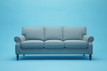 Fototapeta premium A modern blue colored sofa placed in a bright studio room