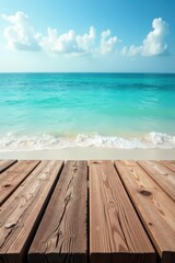 Fototapeta premium Weathered wooden planks, blurred ocean backdrop, outdoor, relaxation