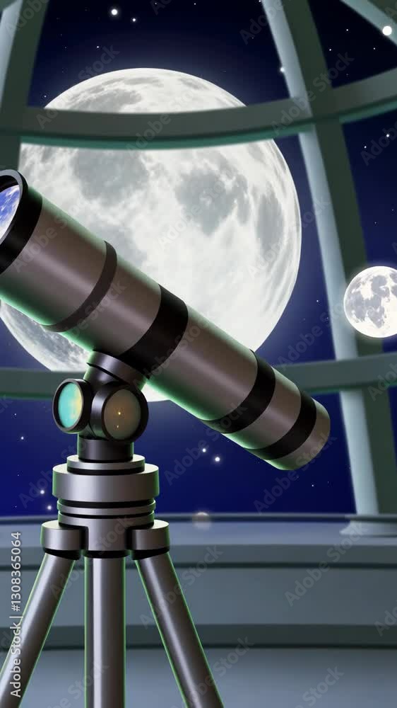 Poster a telescope is pointed at the moon. the moon is in the sky. the telescope is silver