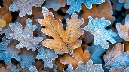 Fallen oak leaves covered with first hoarfrost, symbolizing the change of seasons, resilience, and the passage of time. A natural, serene scene perfect for showcasing winter's arrival