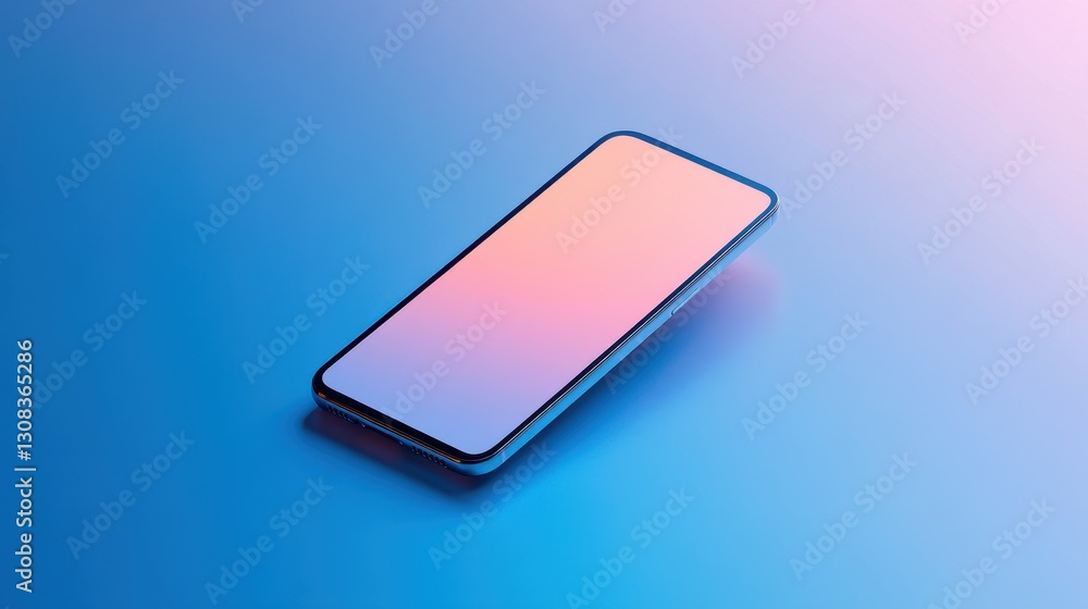 Poster a close-up view of a sleek smartphone resting on a vibrant blue and pink gradient background, showca