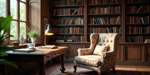 Serene Study Nook A Comfortable Wingback Chair, Wooden Desk, and Extensive Bookshelves Filled with Literary Treasures in a Sunlit Room