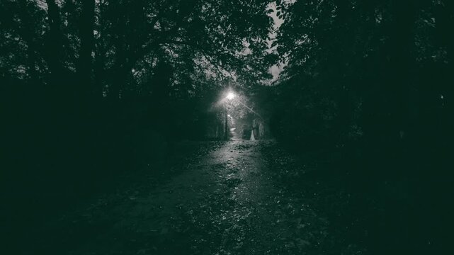Terrifying ghost emerging from the shadows on a pitch-dark night in an abandoned village