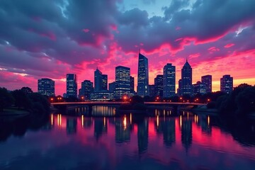 Fototapeta premium Manchester skyline at dusk, iconic buildings silhouetted against twilight sky, UK, design, metropolitan