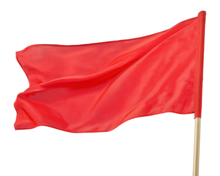 Red fabric flag with a wooden flagpole, isolated on a transparent background