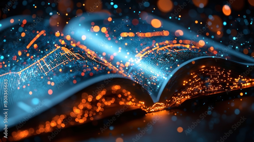 Aufkleber open book emits glowing data streams against a dark blurred surface background