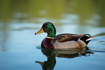 Fototapeta premium Gadwall duck swimming peacefully on calm water, environment, quiet, surface