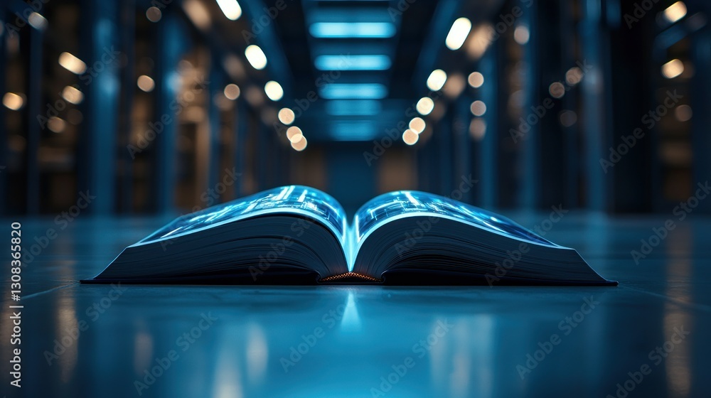Aufkleber open book glows with data in a server room. tech future concept. cold lights