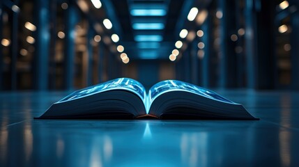 Open book glows with data in a server room. Tech future concept. Cold lights