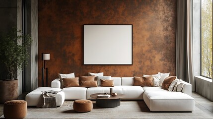 A mockup of an A3 blank poster frame on the wall in a contemporary living room, with a white sofa and coffee table, brown textured wallpaper, modern furniture, a neutral color palette, soft lighting, 