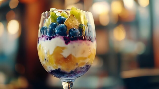 Blueberry and golden kiwi yogurt parfait in a glass on zink