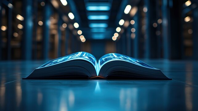Open book glows with data in a server room. Tech future concept. Cold lights