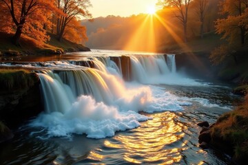 Obraz premium Golden sunlight illuminates rushing weir waterfall, autumn colours reflected , golden, background, fall