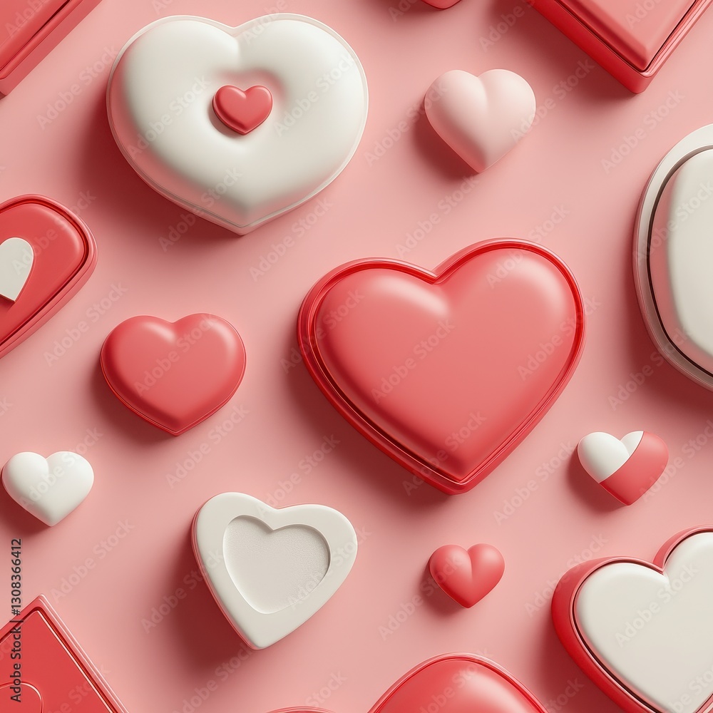 Poster a vibrant close-up of a cluster of colorful hearts scattered across a soft pink surface, showcasing 