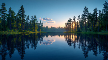 Obraz premium Serene lake reflection with towering pine trees, golden sunset, peaceful wilderness, Nordic landscape 
