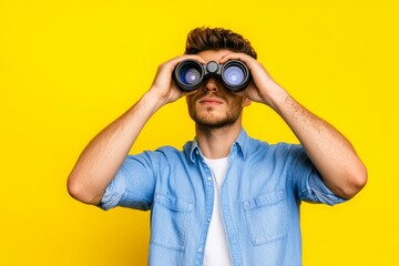 Man Exploring with Binoculars - A young man looks through binoculars against a bright yellow background. He is wearing a light blue shirt