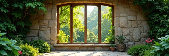 Large pane window, vibrant foliage, aged stone backdrop , vintage, wall