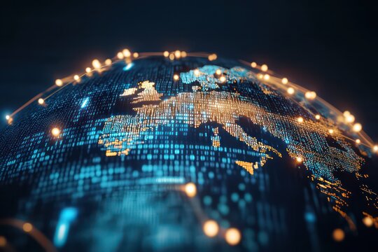 A 3D globe map highlighting Europe with binary code flowing and lines connecting digital dots, symbolizing the global digital economy and cryptocurrency.