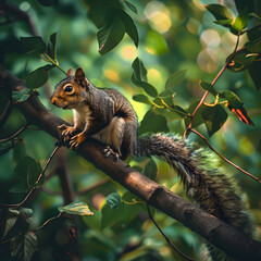 Obraz premium Curious Squirrel Perched on a Tree Branch in Lush Green Foliage Capturing a Moment of Nature's Serenity