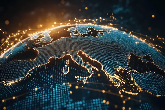 A 3D globe map highlighting Europe with binary code flowing and lines connecting digital dots, symbolizing the global digital economy and cryptocurrency.