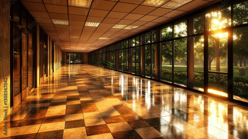 Poster a spacious hallway bathed in natural light from a large window creating an open and airy atmosphere